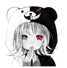 a black and white drawing of a girl wearing a black and white bear hat with red eyes .