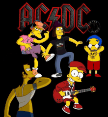 a group of cartoon characters are standing in front of a sign that says ac / dc