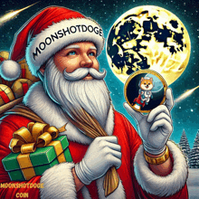 a cartoon of santa claus holding a coin that says moonshotdoge on it