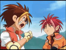 two anime characters are standing next to each other and fighting each other .