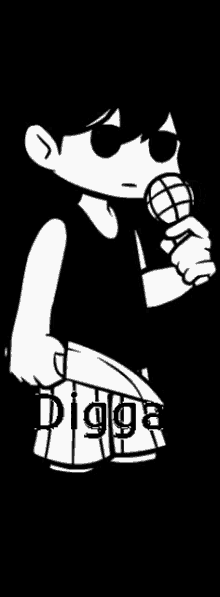 a black and white drawing of a person holding a microphone with the word digga written on the bottom