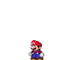 a pixel art of mario standing on a wooden block