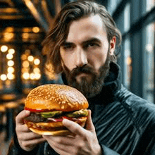 a man with a beard and long hair is holding a hamburger in his hands .