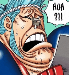 a cartoon of franky from one piece crying with a tear coming out of his nose