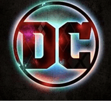 a logo for dc comics is displayed on a dark background