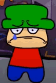 a cartoon character wearing a green hat and a red shirt is standing in a room .