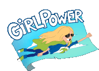 a cartoon of a girl flying through the air with the word girlpower written above her