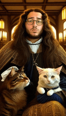 a man with long hair and glasses holds two cats in his lap