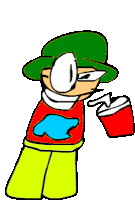 a cartoon character wearing a green hat and holding a red cup .