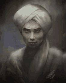 a painting of a man wearing a turban and a signature on the bottom of it