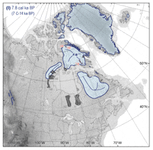 a black and white map of the arctic with the numbers 7.8 cal ka bp