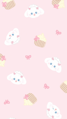 a pink background with cupcakes and bunny faces