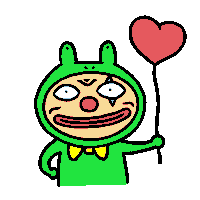 a green cartoon character is holding a red heart balloon