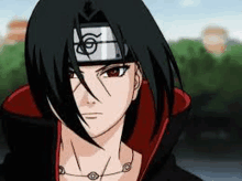 itachi uchiha from naruto is wearing a headband and a necklace and looking at the camera .