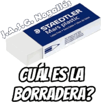 a staedtler mars plastic eraser with the words cuales la borradera below it