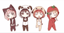 a group of anime characters wearing animal costumes including a panda dog and a tomato