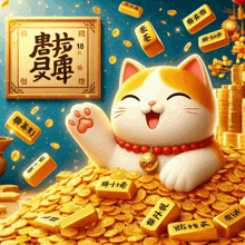 a cat is surrounded by a pile of gold coins