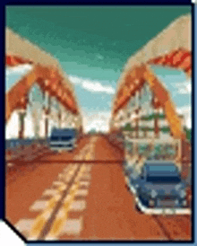 a pixel art illustration of a bridge with cars driving under it .