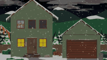 a green house with a garage and a snowy yard