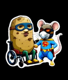 a potato in a wheelchair and a mouse in a superhero costume