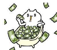 a cartoon cat is sitting in a tub filled with money .