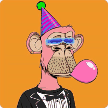 a monkey wearing a party hat , sunglasses , and a tuxedo is blowing a pink bubble .