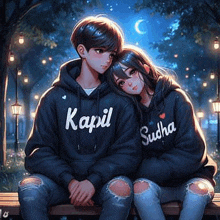 a boy and a girl are sitting on a bench at night .