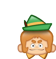 a cartoon character wearing a green hat with a red bow