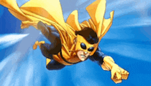 a cartoon superhero is flying through the air with a yellow cape