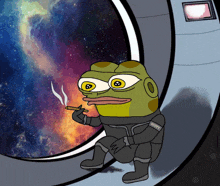 a cartoon of a frog in a space suit smoking a cigar and wearing a badge that says ncsd