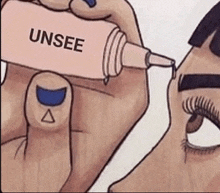 a drawing of a person holding a bottle that says unsee on it