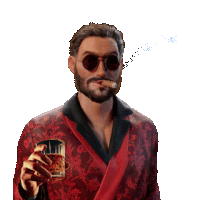 a man in a red robe is holding a glass of whiskey