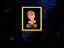 a pixel art drawing of a woman with the word quitter on it