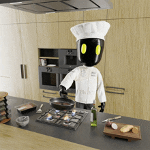 a robotic chef is cooking in a kitchen with a bottle of olive oil