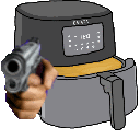 a cartoon of a person holding a gun in front of an air fryer .