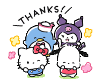 a group of hello kitty characters standing next to each other with the words " thanks " written above them