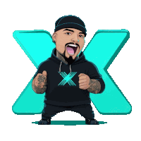 a cartoon of a man wearing a black hoodie with a blue x on it