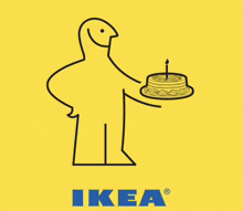 a drawing of a man holding a cake with a candle and the word ikea below him