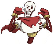 a cartoon drawing of a skeleton wearing a red cape and gloves