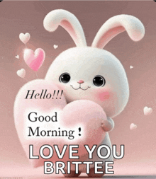 a picture of a bunny holding a heart with the words " good morning love you brittee "