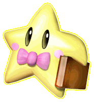 a yellow star with a pink bow tie holding a brown book