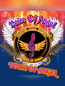 a logo for the voice of angel shows a treble clef and wings