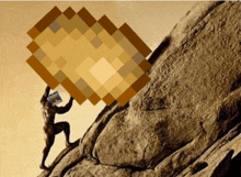 a man is pushing a pixelated object up a rocky hill