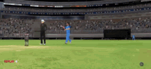 a game of cricket is being played in a stadium with the word replay at the bottom