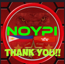 a red circle with the words noypi thank you in green