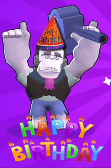 a cartoon character wearing a party hat and holding a gun says happy birthday