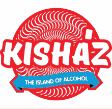 a logo for kishaz the island of alcohol with a blue ribbon