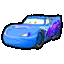 a pixel art drawing of a blue car with a purple car on the side .