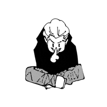 a black and white drawing of a man sitting down with his finger to his nose .