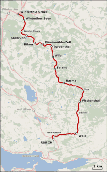 a map showing the route of a train going through wald